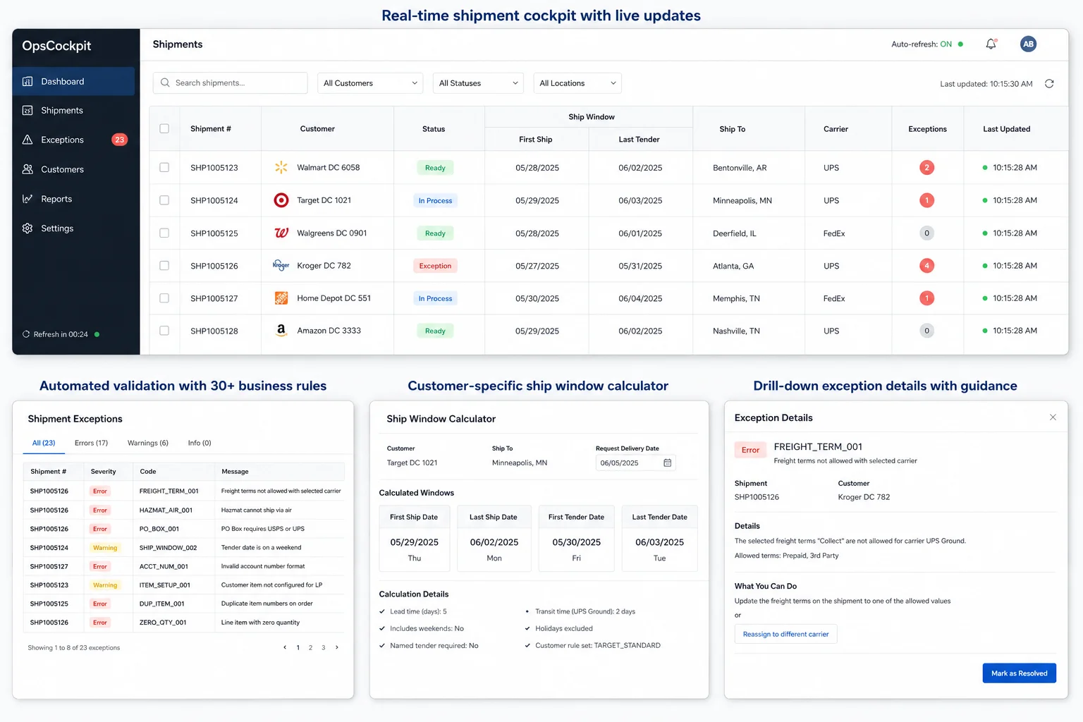 Real-time Ship List grid with validation badges and exception highlighting layered on top of the legacy ERP